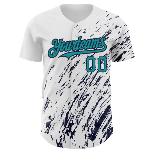 Custom White Teal-Navy 3D Pattern Design Abstract Splash Authentic Baseball Jersey - Sky-Custom