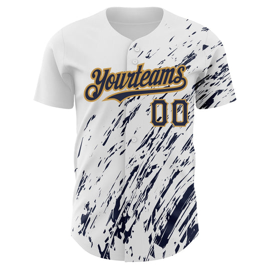Custom White Navy-Old Gold 3D Pattern Design Abstract Splash Authentic Baseball Jersey - Sky-Custom