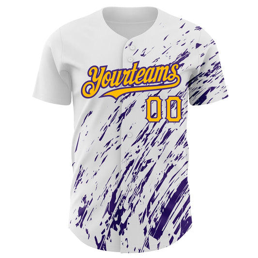 Custom White Gold-Purple 3D Pattern Design Abstract Splash Authentic Baseball Jersey - Sky-Custom