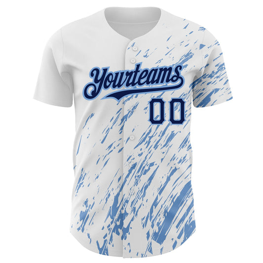 Custom White Navy-Light Blue 3D Pattern Design Abstract Splash Authentic Baseball Jersey - Sky-Custom