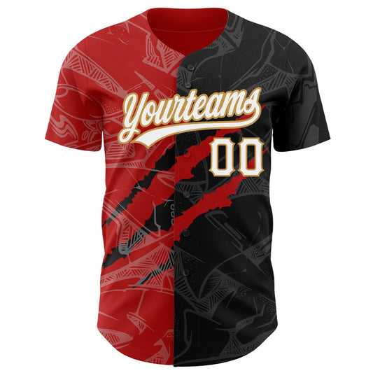Custom Graffiti Pattern Black Red-Old Gold 3D Scratch Authentic Baseball Jersey - Sky-Custom