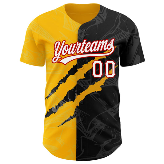 Custom Graffiti Pattern Black Gold-Red 3D Scratch Authentic Baseball Jersey - Sky-Custom