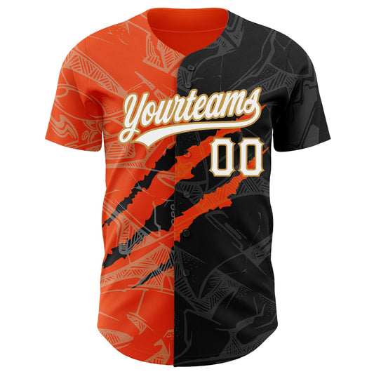 Custom Graffiti Pattern Black Orange-Old Gold 3D Scratch Authentic Baseball Jersey - Sky-Custom