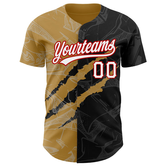 Custom Graffiti Pattern Black Old Gold-Red 3D Scratch Authentic Baseball Jersey - Sky-Custom