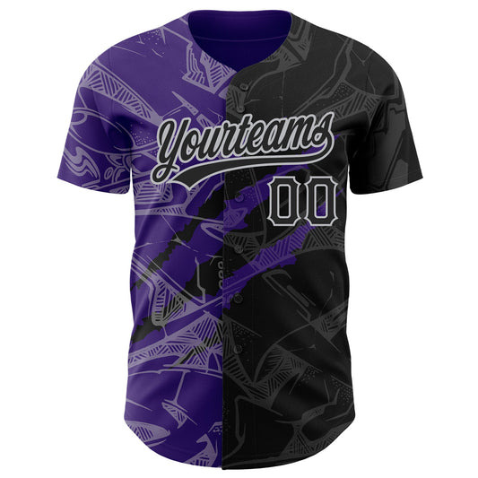 Custom Graffiti Pattern Black Purple-Gray 3D Scratch Authentic Baseball Jersey - Sky-Custom