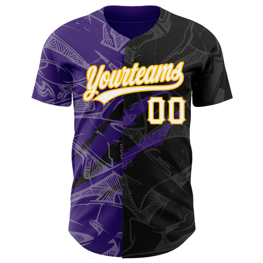 Custom Graffiti Pattern Black Purple-Gold 3D Scratch Authentic Baseball Jersey - Sky-Custom