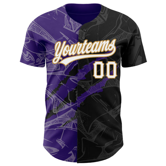 Custom Graffiti Pattern Black Purple-Old Gold 3D Scratch Authentic Baseball Jersey - Sky-Custom