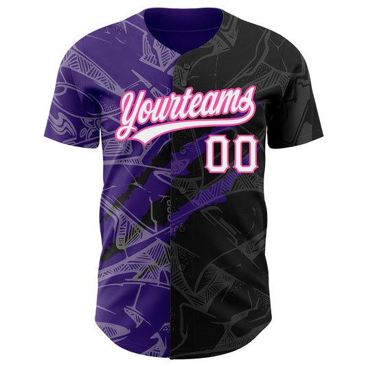 Custom Graffiti Pattern Black Purple-Pink 3D Scratch Authentic Baseball Jersey - Sky-Custom