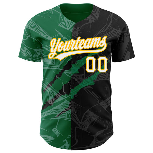 Custom Graffiti Pattern Black Kelly Green-Gold 3D Scratch Authentic Baseball Jersey - Sky-Custom