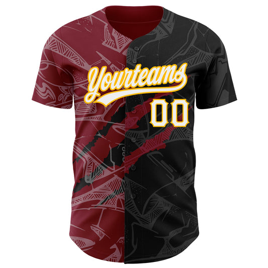 Custom Graffiti Pattern Black Crimson-Gold 3D Scratch Authentic Baseball Jersey - Sky-Custom