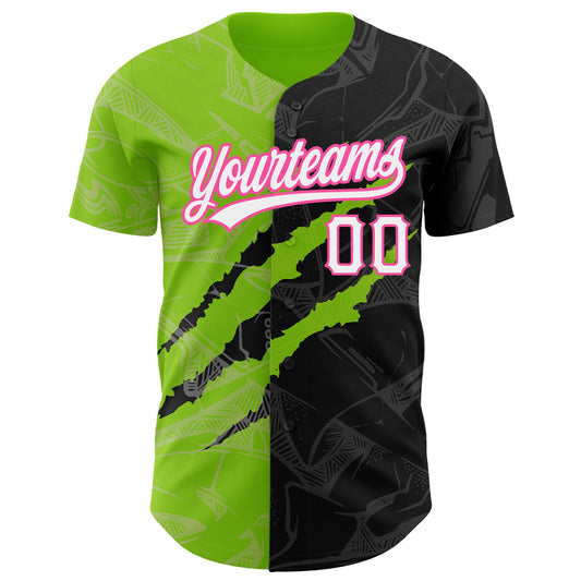 Custom Graffiti Pattern Black Neon Green-Pink 3D Scratch Authentic Baseball Jersey - Sky-Custom