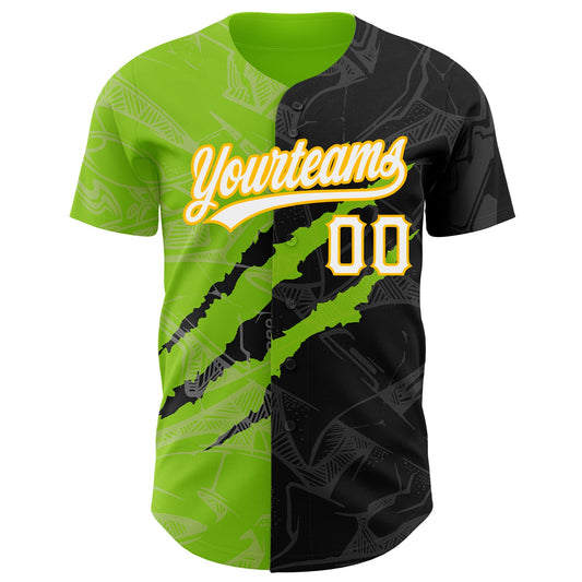 Custom Graffiti Pattern Black Neon Green-Gold 3D Scratch Authentic Baseball Jersey - Sky-Custom