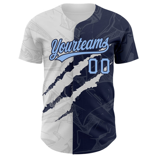 Custom Graffiti Pattern Light Blue-Navy 3D Scratch Authentic Baseball Jersey - Sky-Custom