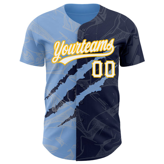 Custom Graffiti Pattern Navy Light Blue-Gold 3D Scratch Authentic Baseball Jersey - Sky-Custom