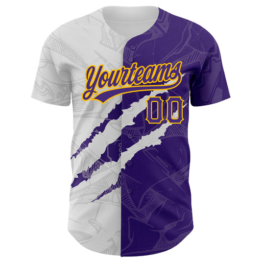 Custom Graffiti Pattern Purple-Gold 3D Scratch Authentic Baseball Jersey - Sky-Custom