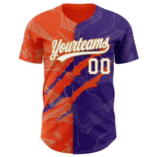 Custom Graffiti Pattern Purple Orange-Old Gold 3D Scratch Authentic Baseball Jersey - Sky-Custom