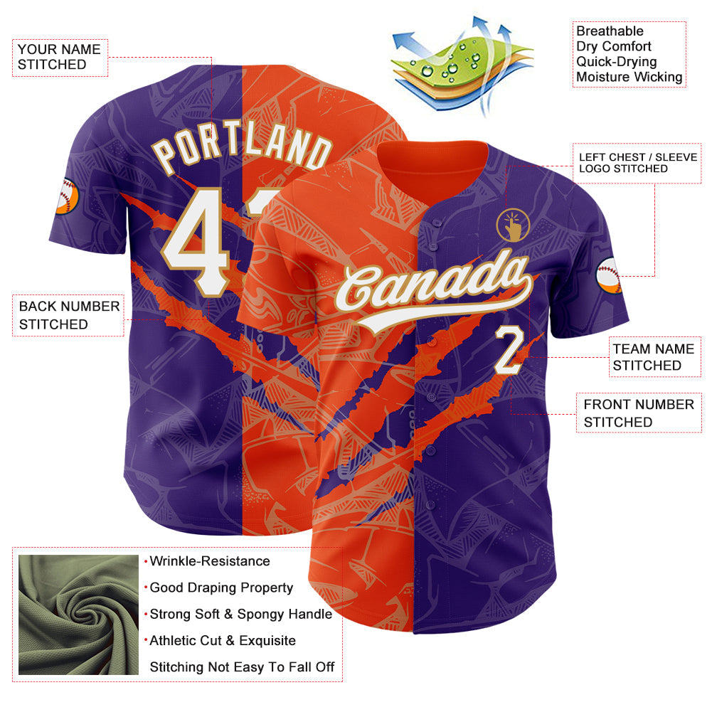 Custom Graffiti Pattern Purple Orange-Old Gold 3D Scratch Authentic Baseball Jersey - Sky-Custom