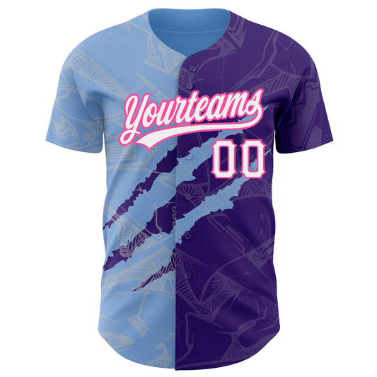 Custom Graffiti Pattern Purple Light Blue-Pink 3D Scratch Authentic Baseball Jersey - Sky-Custom