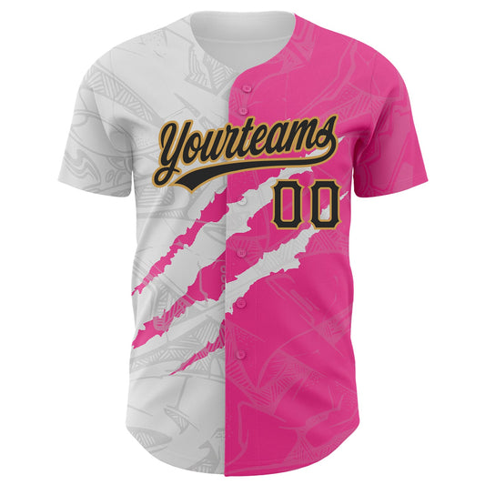 Custom Graffiti Pattern Black Pink-Old Gold 3D Scratch Authentic Baseball Jersey - Sky-Custom