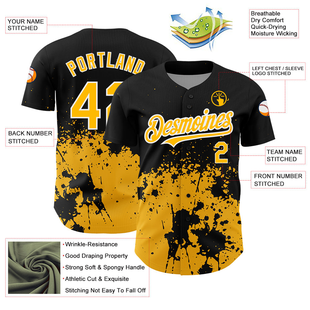 Custom Black Gold-White 3D Pattern Design Abstract Splash Grunge Art Authentic Baseball Jersey - Sky-Custom