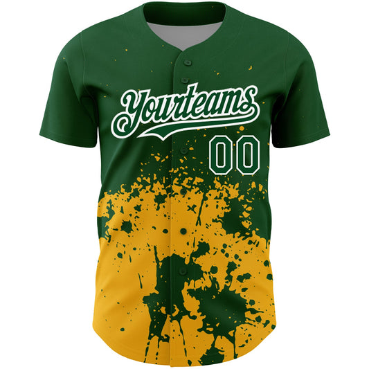 Custom Green Gold-White 3D Pattern Design Abstract Splash Grunge Art Authentic Baseball Jersey - Sky-Custom