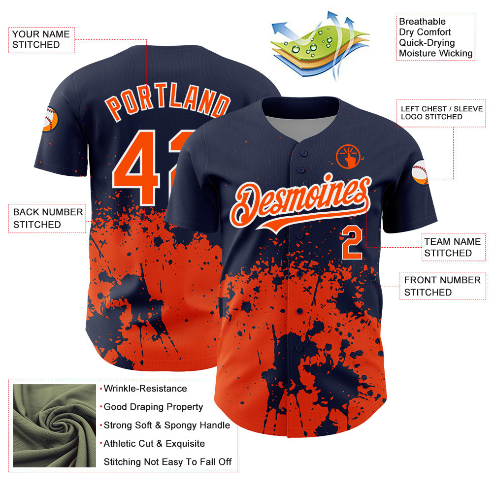 Custom Navy Orange-White 3D Pattern Design Abstract Splash Grunge Art Authentic Baseball Jersey - Sky-Custom