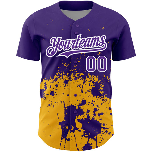 Custom Purple Gold-White 3D Pattern Design Abstract Splash Grunge Art Authentic Baseball Jersey - Sky-Custom