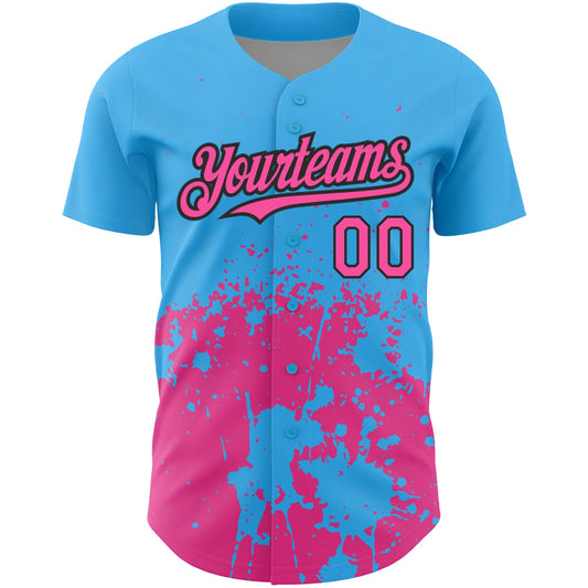 Custom Sky Blue Pink-Black 3D Pattern Design Abstract Splash Grunge Art Authentic Baseball Jersey - Sky-Custom