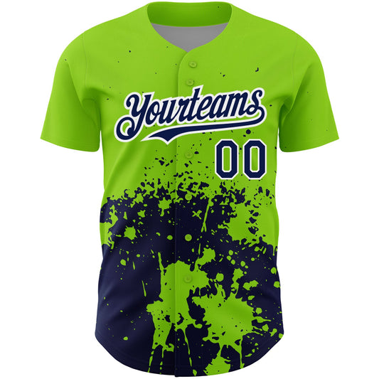 Custom Neon Green Navy-White 3D Pattern Design Abstract Splash Grunge Art Authentic Baseball Jersey - Sky-Custom