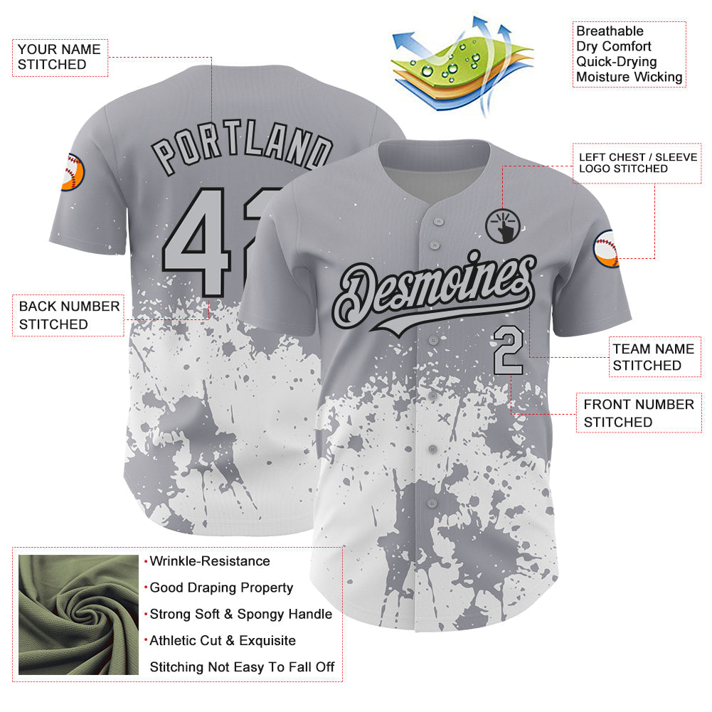 Custom Gray Black-White 3D Pattern Design Abstract Splash Grunge Art Authentic Baseball Jersey - Sky-Custom