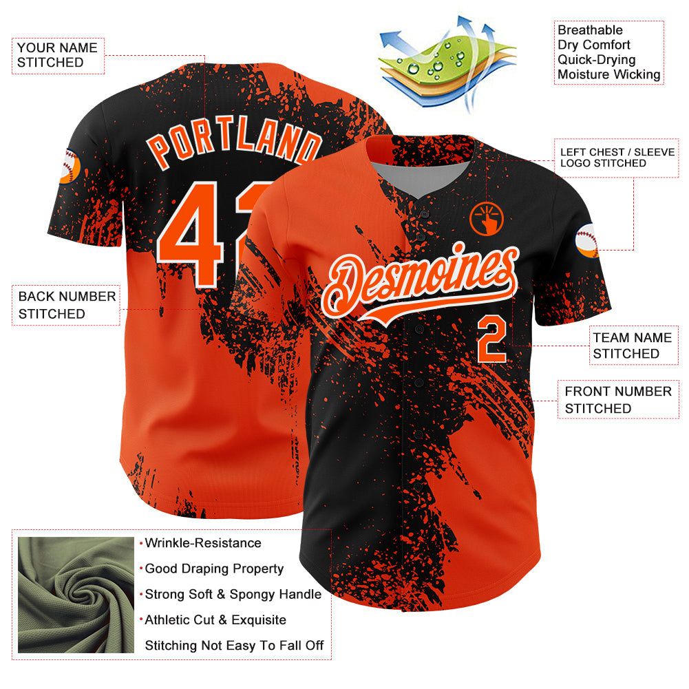 Custom Black Orange-White 3D Pattern Design Abstract Brush Stroke Authentic Baseball Jersey - Sky-Custom