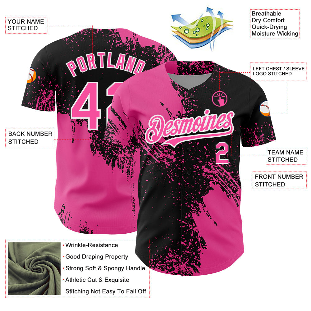 Custom Black Pink-White 3D Pattern Design Abstract Brush Stroke Authentic Baseball Jersey - Sky-Custom