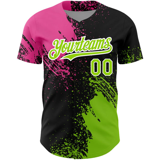 Custom Black Neon Green-Pink 3D Pattern Design Abstract Brush Stroke Authentic Baseball Jersey - Sky-Custom