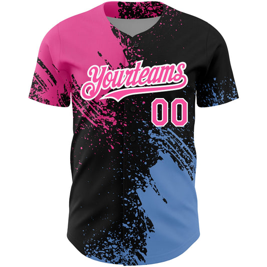 Custom Black Pink-Light Blue 3D Pattern Design Abstract Brush Stroke Authentic Baseball Jersey - Sky-Custom
