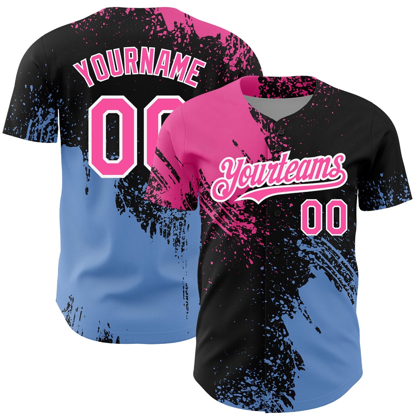 Custom Black Pink-Light Blue 3D Pattern Design Abstract Brush Stroke Authentic Baseball Jersey - Sky-Custom