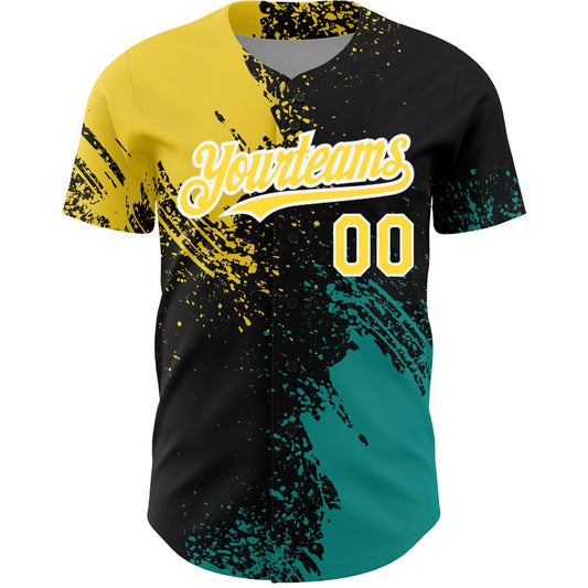 Custom Black Yellow-Teal 3D Pattern Design Abstract Brush Stroke Authentic Baseball Jersey - Sky-Custom