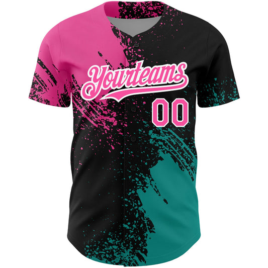 Custom Black Pink-Teal 3D Pattern Design Abstract Brush Stroke Authentic Baseball Jersey - Sky-Custom
