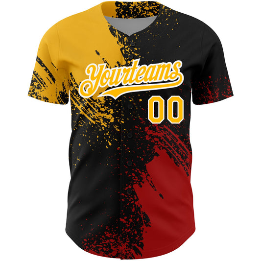 Custom Black Gold-Red 3D Pattern Design Abstract Brush Stroke Authentic Baseball Jersey - Sky-Custom