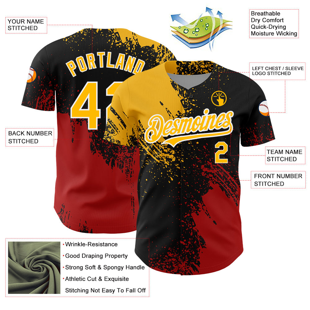 Custom Black Gold-Red 3D Pattern Design Abstract Brush Stroke Authentic Baseball Jersey - Sky-Custom