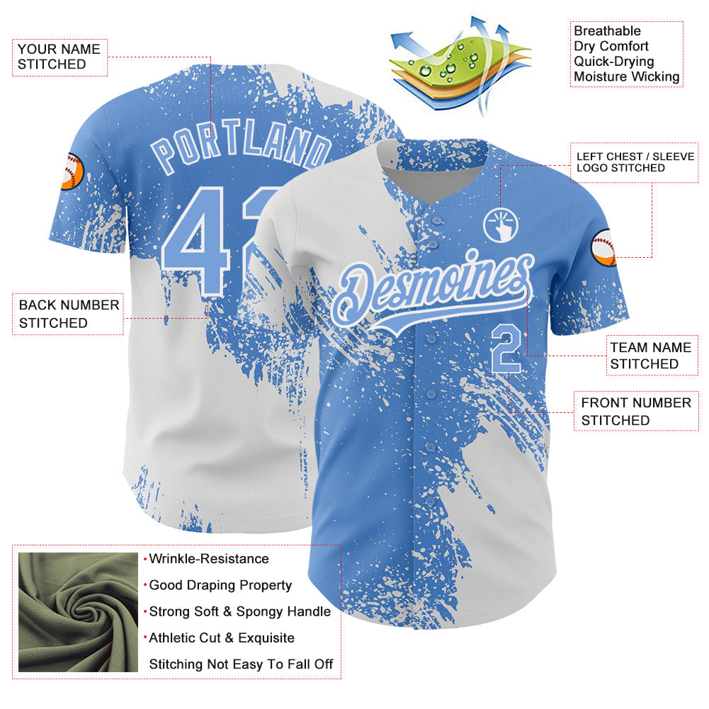 Custom Light Blue White 3D Pattern Design Abstract Brush Stroke Authentic Baseball Jersey - Sky-Custom