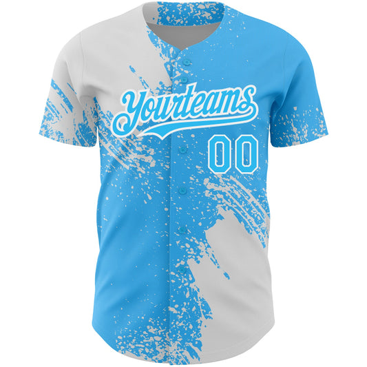 Custom Sky Blue White 3D Pattern Design Abstract Brush Stroke Authentic Baseball Jersey - Sky-Custom
