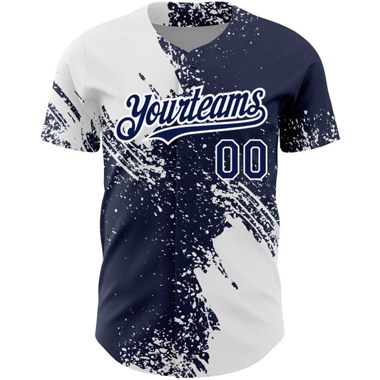Custom Navy White 3D Pattern Design Abstract Brush Stroke Authentic Baseball Jersey - Sky-Custom