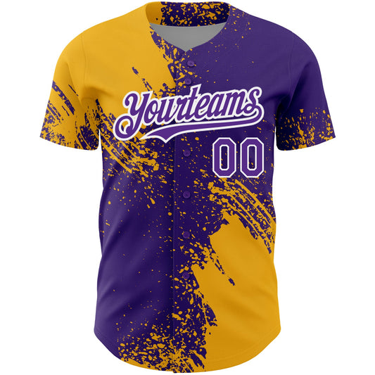 Custom Purple Gold-White 3D Pattern Design Abstract Brush Stroke Authentic Baseball Jersey - Sky-Custom