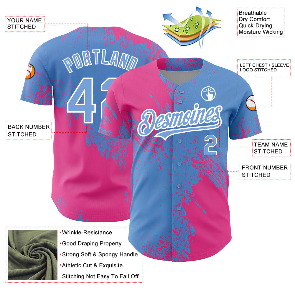 Custom Light Blue Pink-White 3D Pattern Design Abstract Brush Stroke Authentic Baseball Jersey - Sky-Custom