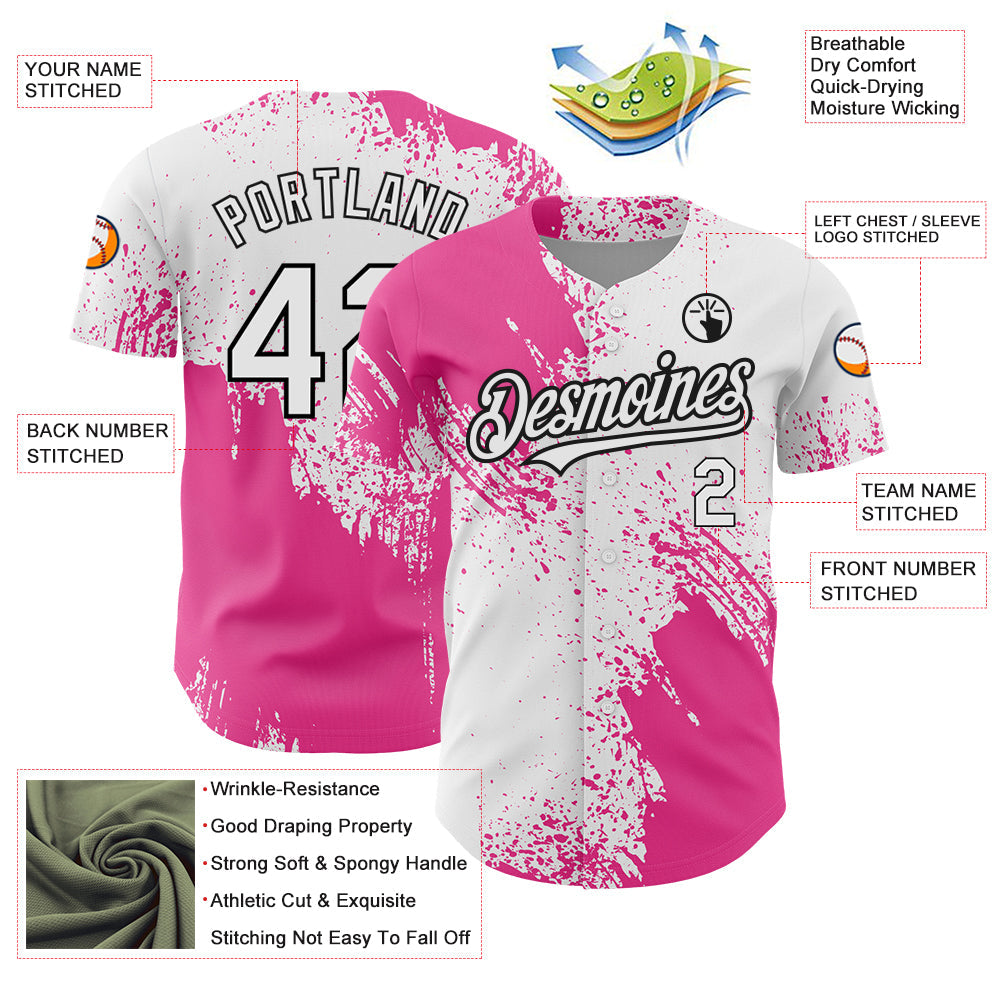 Custom White Pink-Black 3D Pattern Design Abstract Brush Stroke Authentic Baseball Jersey - Sky-Custom