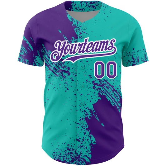 Custom Aqua Purple-White 3D Pattern Design Abstract Brush Stroke Authentic Baseball Jersey - Sky-Custom