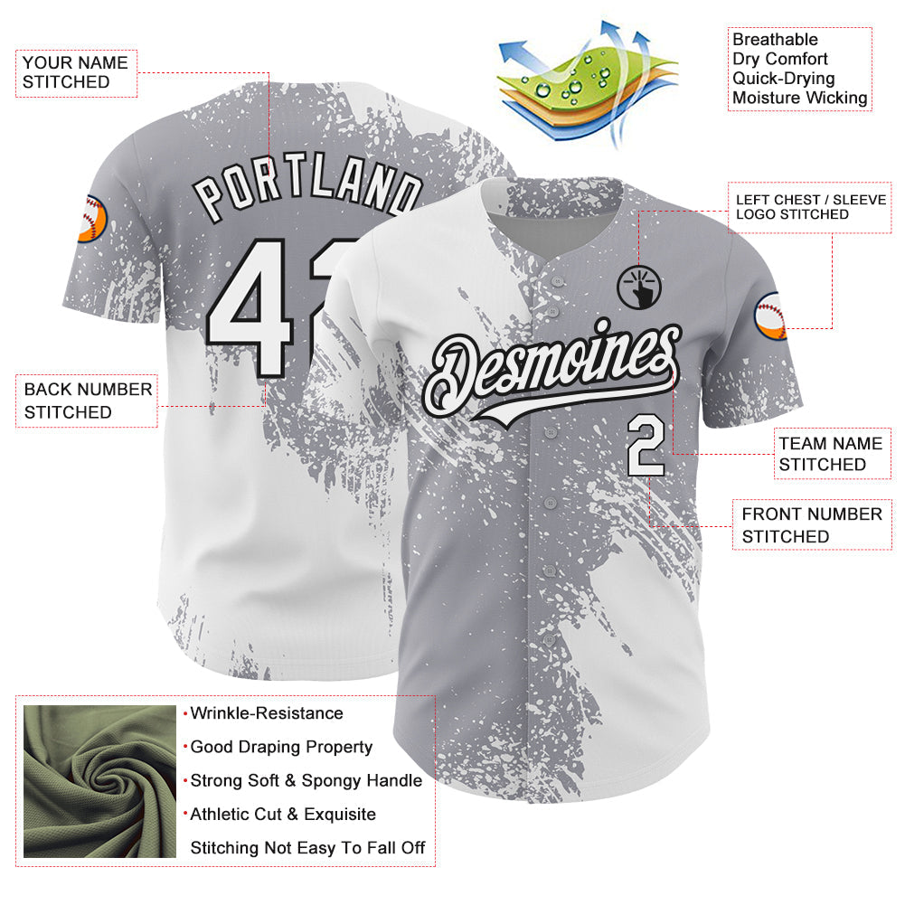 Custom Gray White-Black 3D Pattern Design Abstract Brush Stroke Authentic Baseball Jersey - Sky-Custom