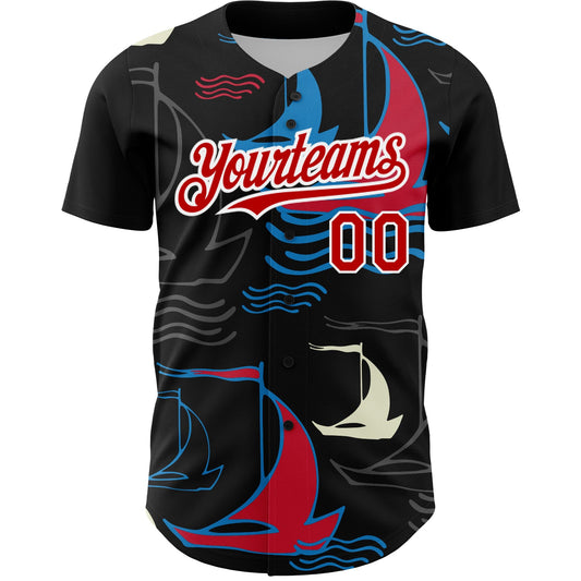 Custom Black Red-White 3D Pattern Design Sailing Boats Authentic Baseball Jersey - Sky-Custom