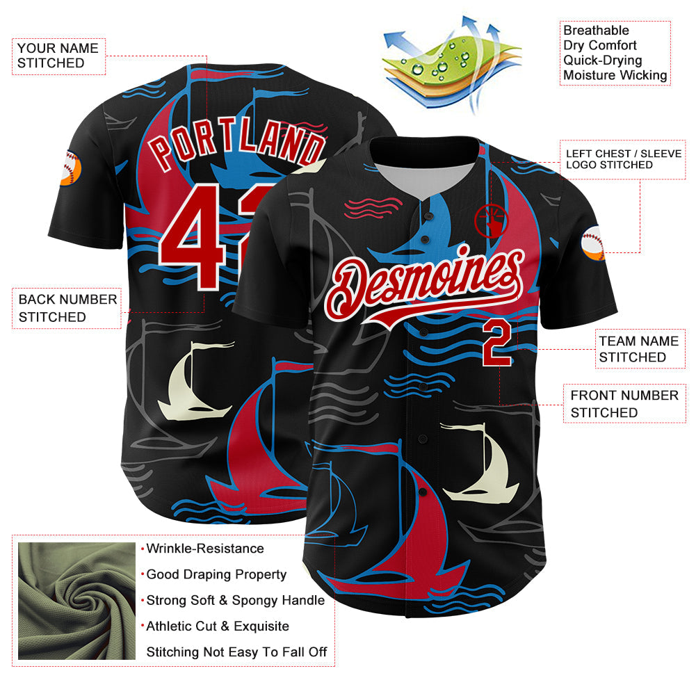 Custom Black Red-White 3D Pattern Design Sailing Boats Authentic Baseball Jersey - Sky-Custom