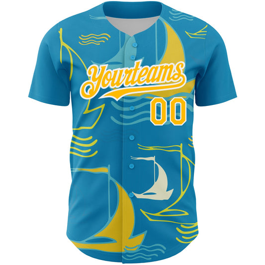 Custom Panther Blue Gold-White 3D Pattern Design Sailing Boats Authentic Baseball Jersey - Sky-Custom